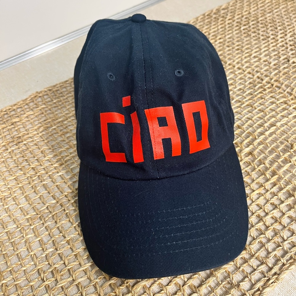 Clare V Navy Blue Baseball Cap with Bright Red Graphic